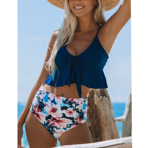 BEACHSISSI 2-piece bikini women medium navy ruffle top high waist floral bottom